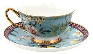 Modrý porcelánový šálek s podšálkem s květy a Tukanem – 12x10x6 cm