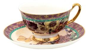 Porcelánový šálek s podšálkem s květy a motýlky – 12x10x6 cm
