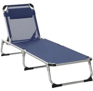 Skvělý skládací venkovní lehátko Outsunny s opěrkou hlavy, zahradní lehátko s nastavitelným opěradlem z hliníku 60x165x76 cm Tmavě modrá | Aosom