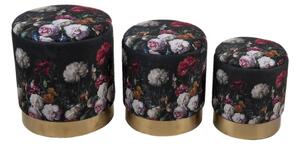Černé sametové podnožky s motivem barevných květin Flowers – (3) 40x45 / 35x40 / 30x35 cm