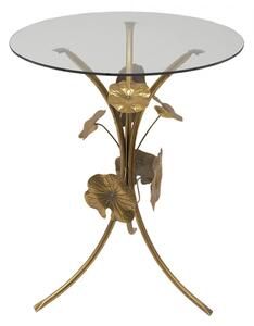 Zlatý antik kovový stolek s listy a skleněnou deskou Elbert – 60x76 cm