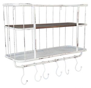 Bílá závěsná polička s háčky a patinou – 60x23x51 cm
