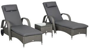 Outsunny Sluneční Lehátko Zahradní Lehátko Stůl 3-dílná Zahradní Nábytek Sada, Polyrattan + Kov Šedá + Tmavě šedá | Aosom
