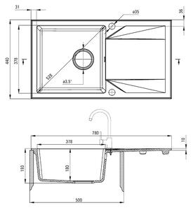 Deante Evora, granitový dřez na desku 780x440x193 mm, 3,5" + prostorově úsporný sifon, 1-komorový, černá, ZQJ_N113