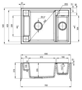 Deante Magnetic, granitový dřez na desku 690x500x219 mm, 3,5" + prostorově úsporný sifon, 1,5-komorový, černá, ZRM_N503