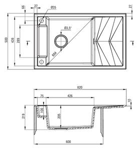 Deante Magnetic, granitový dřez na desku 820x500x219 mm Z/O, 3,5" + prostorově úsporný sifon, 1-komorový, černá, ZRM_N113