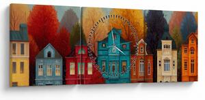 Obraz - Malované podzimní město (s hodinami) (90x30 cm)