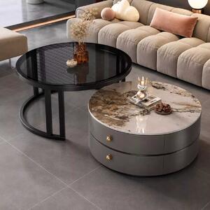 LuxuryForm DESIGN Konferenční stolek ORION 70 × 70 / 50 × 50 cm – šedý / béžový mramor + sklo (set 2 ks)
