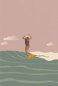 Ilustrace Surfer girl on a longboard surfboard,, LucidSurf