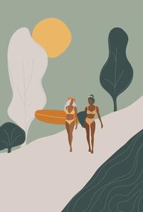 Ilustrace Surfer Girls walking with the surfboards, LucidSurf