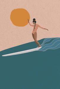 Ilustrace Female Longboard Surfer riding the wave,, LucidSurf