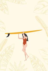 Ilustrace Surfer Girl Holding the Longboard Surfboard,, LucidSurf