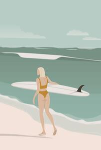 Ilustrace Surfer Girl Walking on the Beach,, LucidSurf