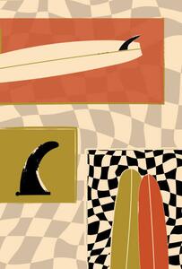 Ilustrace Surfboard fin and Longboard on checkers, LucidSurf