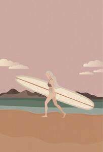 Ilustrace Surfer girl walking on the beach, LucidSurf