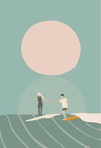 Ilustrace A surf couple surfing on the longboard surfboards, LucidSurf