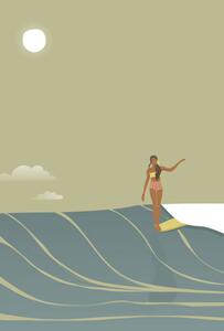 Ilustrace Surfer girl full moon retro style vector, LucidSurf