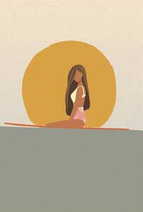 Ilustrace Surfer girl at sunset sitting on, LucidSurf