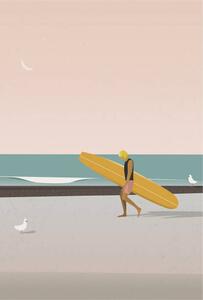 Ilustrace Longboard surfer walking on the beach, LucidSurf
