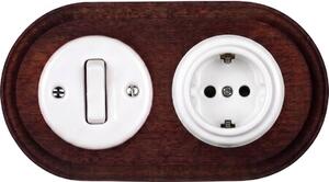 Elhard - Keramický retro vypínač č. 1 a zásuvka 230V s rám SCHUKO bílá/dřevo