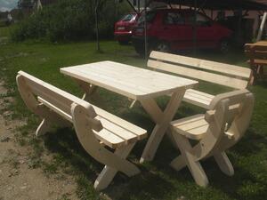 Dřevěný zahradní nábytek z masivu Rainbach přírodní + židle (Dřevěný zahradní nábytek sestava přírodní 47 mm; 1 x stůl; 2 x lavice; 1 x židle)