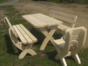 Dřevěný zahradní nábytek z masivu Rainbach přírodní + židle (Dřevěný zahradní nábytek sestava přírodní 47 mm; 1 x stůl; 2 x lavice; 1 x židle)