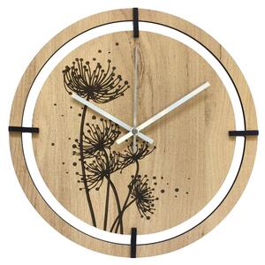 Dřevěné hodiny s gravírovanými pampeliškami | LEIKA: HDF - Zlatý Dub 30 cm 4807-115504 HDF0704-ruky-silver
