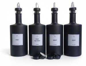 Sada 4 ks skleněných lahví VILO 500 ml černá matná s čirou nálevkou – OLEJ, OLIVOVÝ OLEJ, OCET, SIRUP