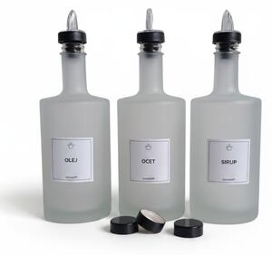 Sada 3 ks skleněných lahví VILO 500 ml bílá mléčná s čirou nálevkou – OLEJ, OCET, SIRUP