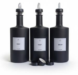 Sada 3 ks skleněných lahví VILO 500 ml černá matná s čirou nálevkou – OLEJ, OCET, SIRUP
