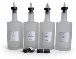 Sada 4 ks skleněných lahví VILO 500 ml bílá mléčná s čirou nálevkou – OLEJ, OLIVOVÝ OLEJ, OCET, SIRUP