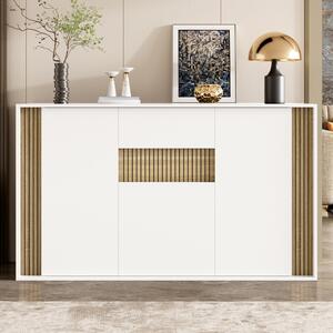 Komoda se 3 dvířky a 1 zásuvkou, rozměry 140x40x82 cm, s nastavitelným LED osvětlením, bílá s dekorativním vzorem imitujícím přírodní dřevo, vyrobená z dřevotřísky