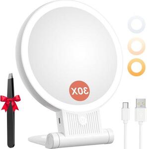 Kosmetické zrcadlo s LED osvětlením, 30x/1x zvětšovací ruční zrcátko, přenosné skládací zrcadlo s 3 nastavitelnými barvami světla a dobíjecí funkcí