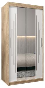 Šatní skříň s posuvnými dveřmi a dvoudílným zrcadlem YORK1 - 100x200cm -Dub Sonoma-Bílá-