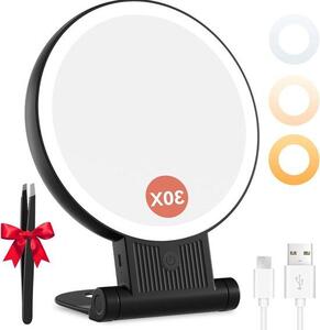 Kosmetické zrcadlo s LED osvětlením, 30X/1X make-up zrcadlo, Portable skládací zrcadlo s 3 nastavitelnými světelnými barvami a nabíjecím designem