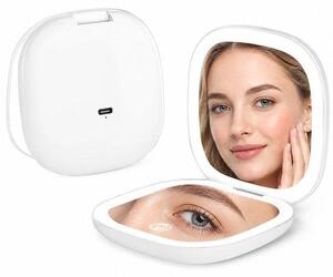 SnelShoppen - Zrcátko s 5x zvětšením, LED osvětlením a 3 barevnými režimy, nabíjecí přes USB-C, kompaktní kosmetické zrcátko o rozměrech 90 mm, vhodné pro líčení a cestování, značka Han