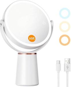 Zrcadlo s osvětlením LED, s 1x a 30x zvětšením, stolní zrcadlo, otočné o 360° a výškově nastavitelné, ideální pro dokonalé líčení a péči o pleť