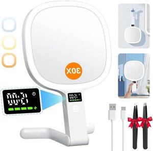 Zažehlené make-up zrcadlo s LED obrazovkou, Double Side 30X/1X, Přenosné a nabíjecí zařízení pro domácí a cestovní cesty, 3 barvy nastavitelné