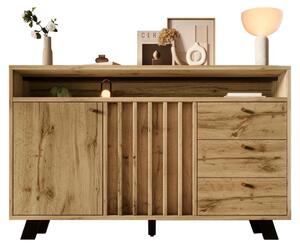 Komoda o rozměrech 120x40x85 cm s povrchem imitujícím tmavé dřevo, s lameloovým předním panelem, 3 zásuvkami a 2 dvířky, v vintage stylu, vhodná do obývacího pokoje, jídelny a chodby