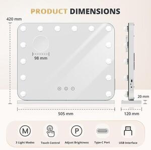 QuickShopping - Hollywood LED zrcadlo . . Make-up zrcadlo s 14 svítidel, 3 režimy osvětlení, ovládání dotyku, USB/Type-C brána, Stůl nebo stěna