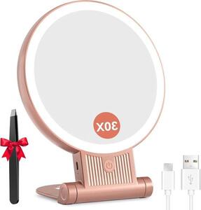 Zažehlené make-up zrcadlo s LED osvětlením, 30X/1X Zvětšení ručního zrcadla, přenosné skládací zrcadlo s 3 nastavitelnými světelnými barvami a nabíjecím designem