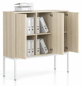 Kancelářská skříň FRAME, nízká, bílá podnož, 3x dveře, 1299 x 450 x 1331 mm, PUSH-lock, dub přírodní