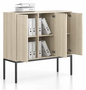 Kancelářská skříň FRAME, nízká, černá podnož, 3x dveře, 1299 x 450 x 1331 mm, PUSH-lock, dub přírodní