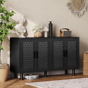 UnboxG Komoda černá 140x40x80 cm, masivní dřevěná skříň se 4 dvířky, moderní vysoká skříň do obývacího pokoje, jídelny nebo chodby