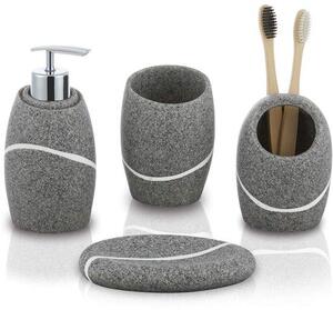Ibenzoa® Sada čtyř kusů organizérů do koupelny – dávkovač mýdla 300 ml (7,6×15,2 cm), držák na zubní kartáčky a miska (7,6×10,2 cm), miska na mýdlo (13,5×8,9 cm), šedá barva imitující kámen, odolné pryskyřice
