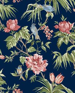 Romantická modrá vliesová tapeta s květinami a ptáčky, 118256, Next