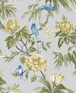Romantická šedá vliesová tapeta s květinami a ptáčky, 118257, Next