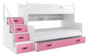 Patrová postel XAVER 3 COLOR + úložný prostor + matrace + rošt ZDARMA, 120x200, bílý, růžová