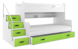 Patrová postel MAX 3 COLOR + úložný prostor + matrace + rošt ZDARMA, 120x200, bílý, zelená