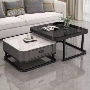 LuxuryForm DESIGN Konferenční stolek ARAGON 70 × 70 / 60 × 60 cm – šedý / bílý mramor + sklo (set 2 ks)